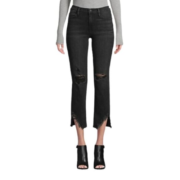 NWOT FRAME 29 Black Denim Le High Straight Side Fray Jeans in Killington Size 29 - Picture 1 of 16
